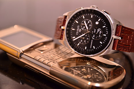 okrągły chronograf Citizen w srebrnej oprawie z brązowym skórzanym paskiem, nokia, 8800, sirocco, zegarek na rękę, telefon, Tapety HD HD wallpaper