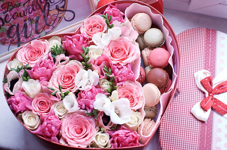 Holiday, Valentine's Day, Flower, Heart-Shaped, Love, Macaron, Pink Flower, Rose, White Flower, HD wallpaper