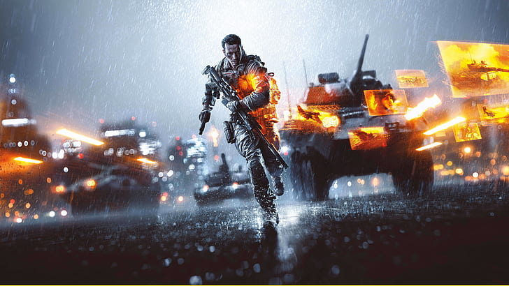 Pria yang memegang senapan berlari dengan ilustrasi tank tempur, Battlefield 4, Wallpaper HD