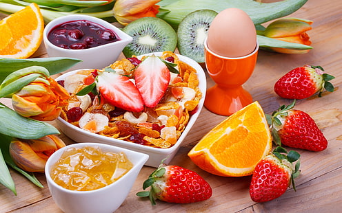 еда, фрукты, яйца, завтрак, натюрморт, HD обои HD wallpaper