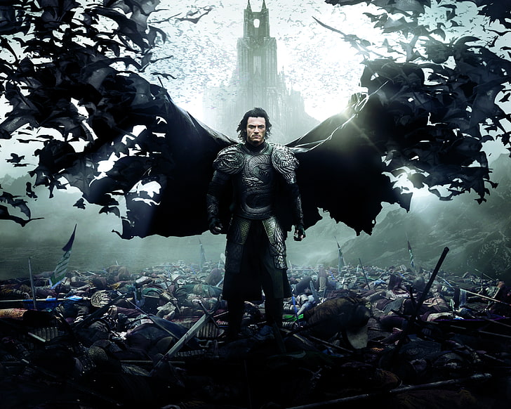 Dracula Untold movie poster, Action, Red, Fantasy, Clouds, Sky, Legendary Pictures, Warrior, with, Palace, Wallpaper, War, Vampire, Castle, Dead, Horror, Year, Weapon, Man, Movie, Sword, Bats, Film, 2014, Wings, Armors, Dracula, Luke Evans, Drama, Universal Pictures, Battleground, Cloak, Untold, Corpses, Dracula Untold, Tepes, Graf Vlad, HD wallpaper