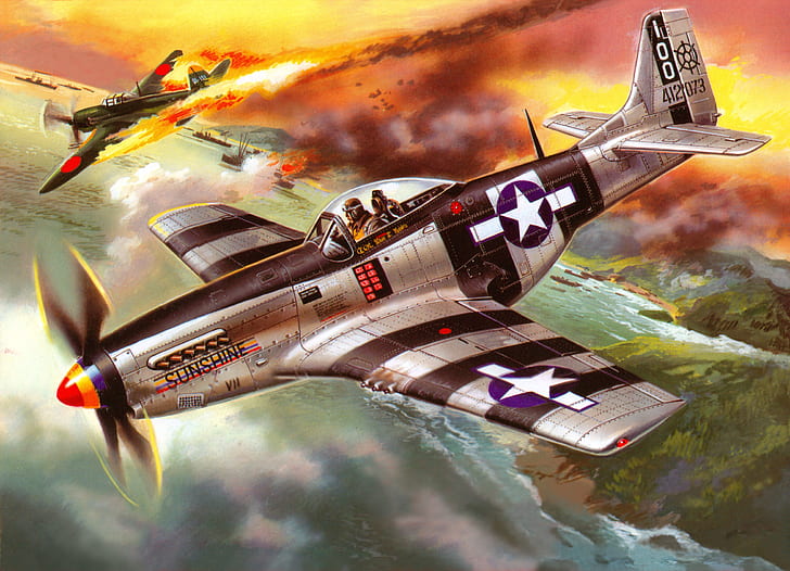 le ciel, l'eau, la figure, les navires, la baie, le combattant, l'art, l'avion, américain, japonais, WW2, abattu, P - 51K, Fond d'écran HD