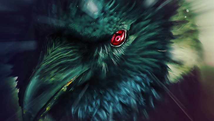 papel de parede de corvo preto com olhos vermelhos, Sharingan, corvo, animais, obras de arte, pássaros, Naruto Shippuuden, Mangekyou Sharingan, HD papel de parede