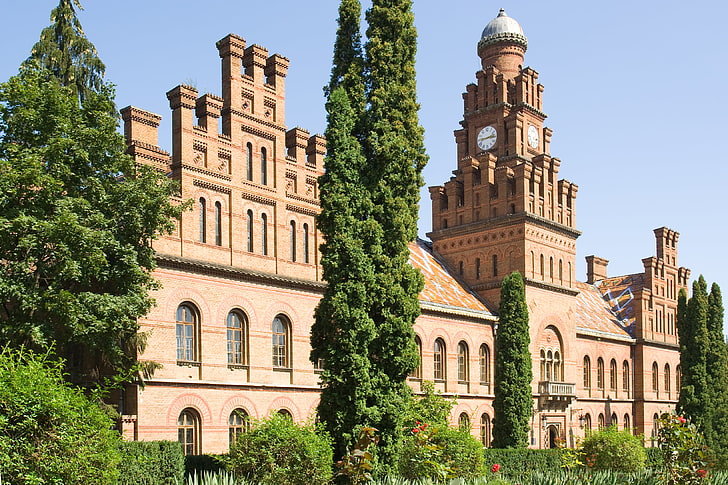 architecture, building, old building, Ukraine, Chernivtsi University, trees, bricks, clocktowers, plants, garden, HD wallpaper