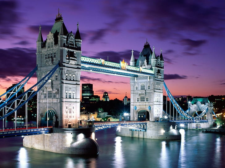 Лондонский мост, река Темза, город, река, мост, сумерки, HD обои