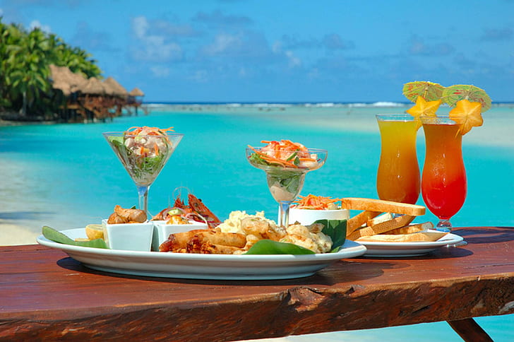 Обед на Островах Кука, пляж, океан, еда, синий, рай, обед, остров, вид, айтутаки, коктейли, тропический, ужин, обед, лагуна, HD обои