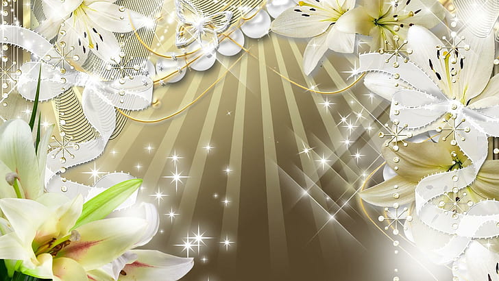 Lilies Gold, firefox persona, fiocchi, nastro, stelle, farfalla, gigli, scintillii, argento, oro, lucentezza, giglio, 3d e ab, Sfondo HD