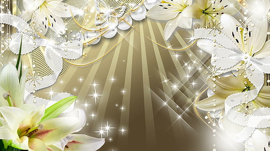 Lilies Gold, firefox persona, arcos, cintas, estrellas, mariposas, lirios, destellos, plata, oro, brillo, lirio, 3d y ab, Fondo de pantalla HD HD wallpaper