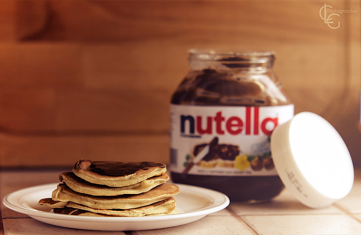 Nutella glass bottle screenshot, plate, pancakes, cream, Nutella, HD wallpaper