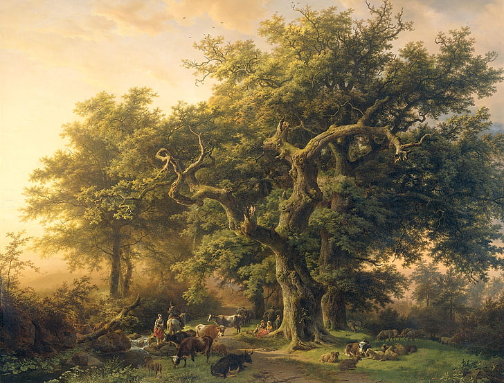 animales, paisaje, óleo, lienzo, Barend Cornelis Koekkoek, The Edge Of The Forest, Fondo de pantalla HD