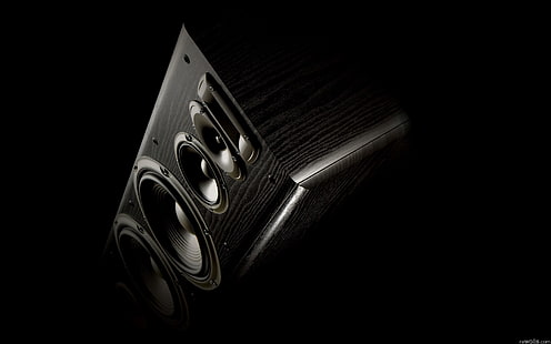 czarny głośnik półkowy, muzyka, dźwięk, technologia, czarne tło, głośniki, Tapety HD HD wallpaper
