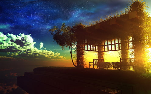 Anime, zachód słońca, piękna sceneria, pawilon, anime, zachód słońca, piękna sceneria, pawilon, Tapety HD HD wallpaper