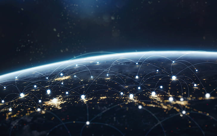 تبادل البيانات والشبكة العالمية حول العالم. الأرض في الليل، خلفية HD