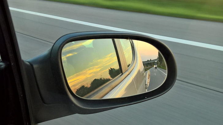 sunset, car, rear mirror, highway, HD wallpaper