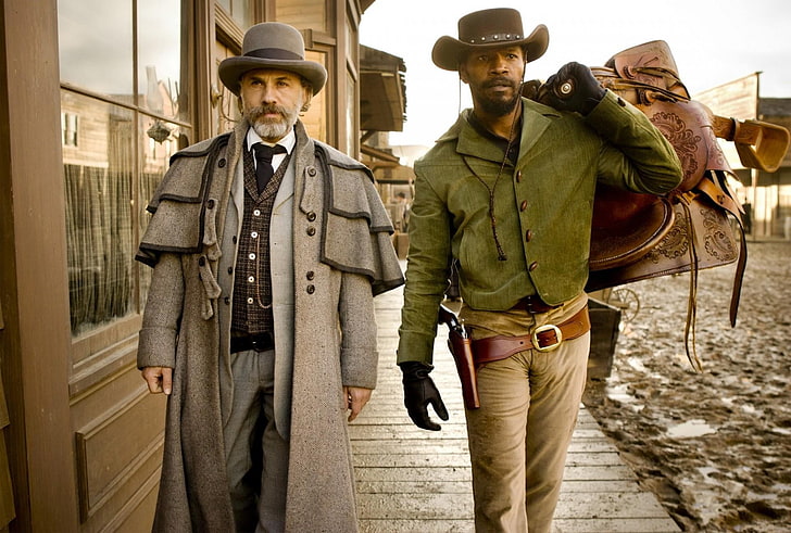 two cowboys movie still, Django Unchained, Quentin Tarantino, Christoph Waltz, Jamie Foxx, western, movies, HD wallpaper
