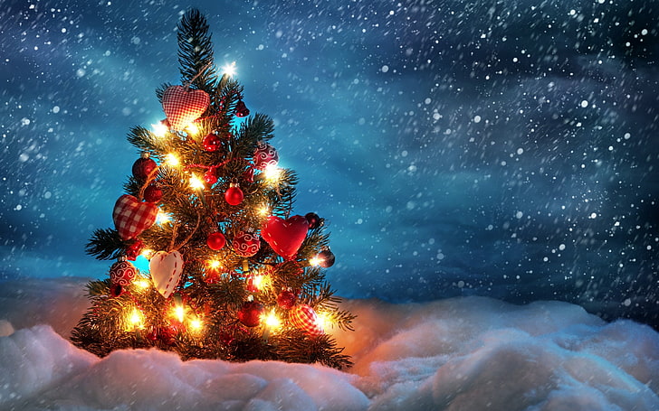 dekoracje świąteczne czerwone serce, zdjęcie choinki, drzewka, Boże Narodzenie, jodła, choinka, Tapety HD