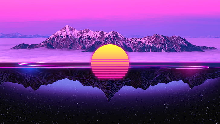 The sun, Reflection, Mountains, Music, Star, 80s, Neon, 80's, Synth, Retrowave, Synthwave, New Retro Wave, Futuresynth, Sintav, Retrouve, Outrun, HD wallpaper