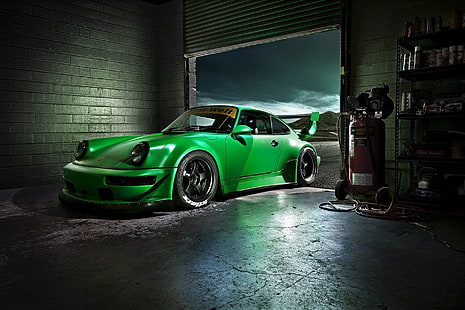 zielony samochód sportowy, zielony, maszyna, pulpit, garaż, samochód, Porsche, piękny, Carrera, tapety, 993, tapeta, przód, RWB, RVB, Porshche, Tapety HD HD wallpaper