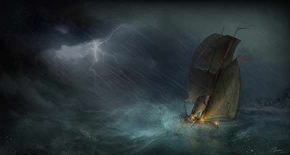 sztuka, piorun, ocean, malarstwo, deszcz, żeglarstwo, morze, statek, burza, Tapety HD HD wallpaper