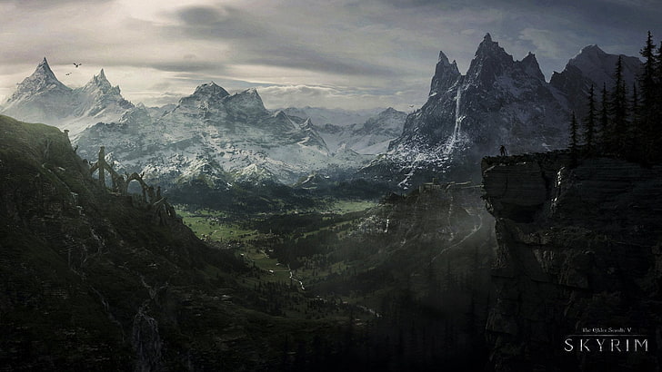 Sfondo di Skyrim, The Elder Scrolls, The Elder Scrolls V: Skyrim, Castello, Drago, Foresta, Montagna, Rovina, Skyrim, Cascata, Sfondo HD