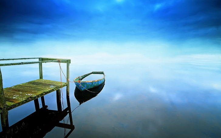 blue and brown boat illustration, sea, blue, boat, sky, nature, HD wallpaper