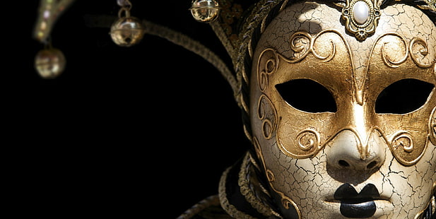 Glocke, schwarzer Hintergrund, venezianische Masken, HD-Hintergrundbild HD wallpaper