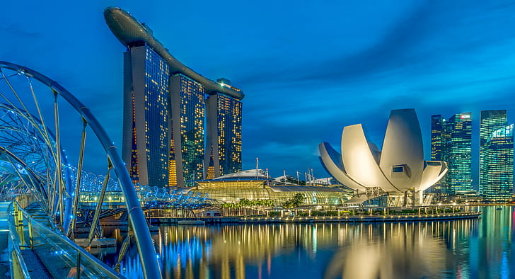 Singapura, jembatan, lampu, rumah, Singapura, malam, hotel, Wallpaper HD