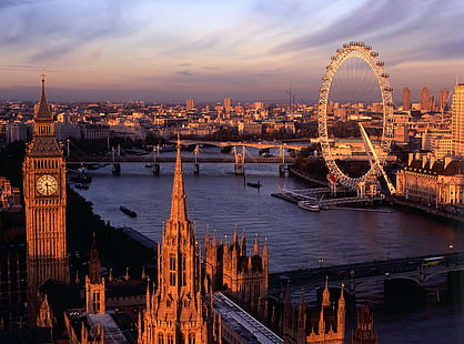 Лондонска панорама, Лондонско око и кула Елизабет, Лондон, Европа, Великобритания, Лондон, панорама, HD тапет HD wallpaper