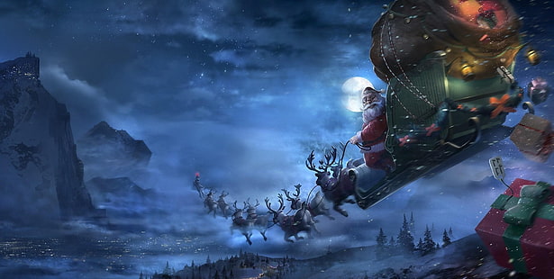 Santa Claus illustration, santa claus, reindeer, sleigh, flying, gifts, christmas, HD wallpaper HD wallpaper