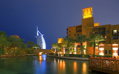 Dubaj nocą restauracje w suku Madinat Jumeirah Dubaj Zjednoczone Emiraty Arabskie Tapeta HD 1920 × 1200, Tapety HD HD wallpaper