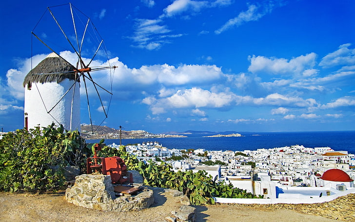Cities, City, Aegean, Architecture, Blue, Building, Church, Culture, Cute, Cyclades, Cycladic, Europe, Greece, Greek, Hill, Holiday, Hotel, House, Island, Landscape, Mountain, Mykonos, Nature, Resort, Restaurant, Romantic, Roof, Santorini, Sea, Sky, Style, Summer, Sunny, Touristic, Town, Tropical, White, Windmill, HD wallpaper