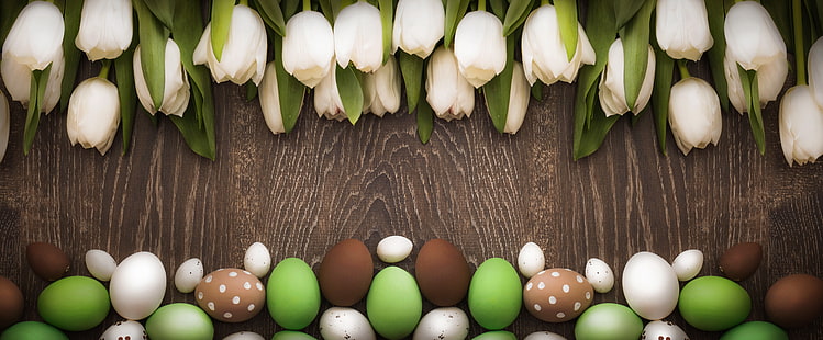  Easter, tulips, white, wood, spring, eggs, decoration, Happy, tender, white tulips, HD wallpaper HD wallpaper