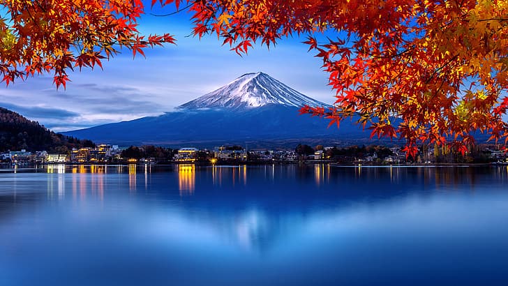 Mount Fuji Reflection Mountain And Trees Asia Japan Sunrise Blue