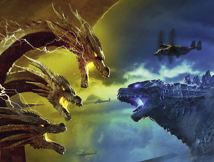 battle, Godzilla, King Gidora, Godzilla: King of the Monsters, Godzilla 2: king of the monsters, HD wallpaper