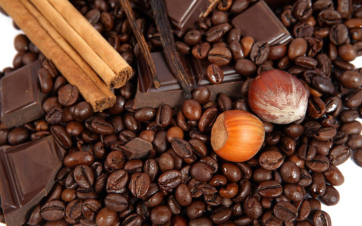 Chocolate Something More, cinnamon, hazelnuts, coffee beans, dark, chocolate, 3d and abstract, HD wallpaper