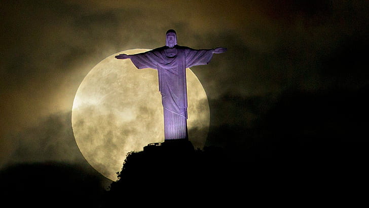 1920x1080, แขน, บราซิล, พระเยซูคริสต์, Corcovado, ดวงจันทร์, กลางคืน, สีม่วง, ผู้ไถ่ถอน, รูปปั้น, วอลล์เปเปอร์ HD