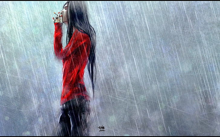 artwork, rain, smoking, NanFe, red dress, women, painted nails, cigarettes, HD wallpaper