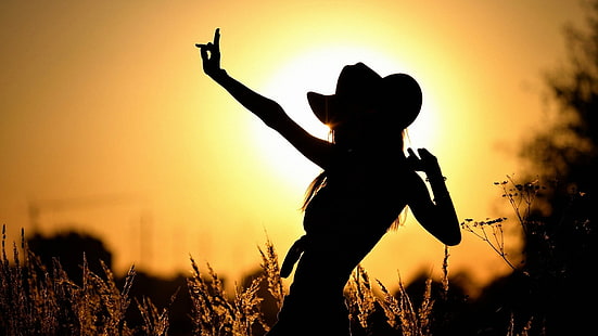 Kvinnor, cowgirl, flicka, hatt, siluett, solnedgång, HD tapet HD wallpaper