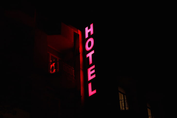 insegna al neon dell'hotel, hotel, iscrizione, insegna, luce, Sfondo HD