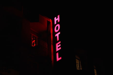فندق نيون لافتات ، فندق ، نقش ، لافتة ، ضوء، خلفية HD HD wallpaper