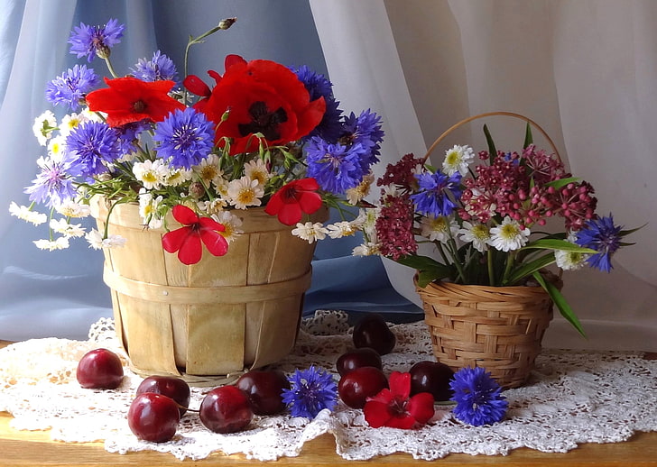 red poppy flowers and purple cornflowers, flowers, berries, bouquet, still life, basket, HD wallpaper