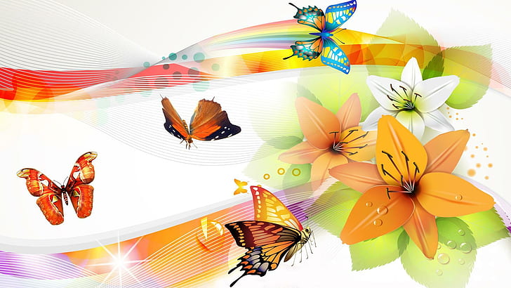 Lirios Mariposas brillantes, líneas, naranja, papillon, brillante, mariposa, flores, lirios, colorido, olas, mariposas, estrellas, Fondo de pantalla HD