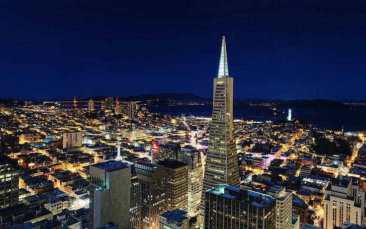 high-rise building structure, san - francisco, city, night, top view, HD wallpaper