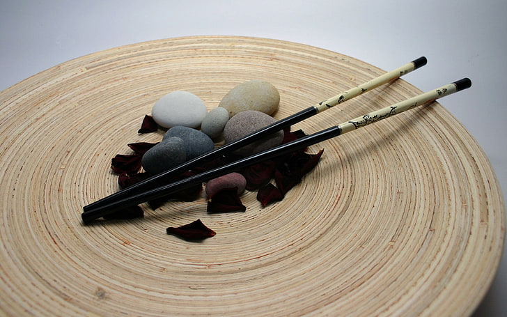 black and gray fishing rod, chopsticks, stones, petals, HD wallpaper