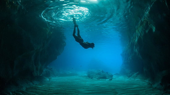 вода, под вода, подводно гмуркане, свободно гмуркане, гмуркане, пещера, морски, море, гмуркане, морска пещера, HD тапет HD wallpaper