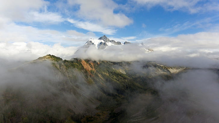 Natur, Landschaft, Nebel, Bäume, Hügel, Berge, schneebedeckte Spitze, Wald, Wolken, Kiefern, Tal, HD-Hintergrundbild