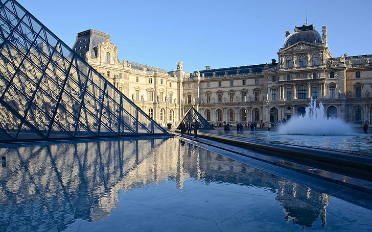ルーヴル美術館ルーブル美術館パリピラミッドビル噴水反射HD、ルーヴル美術館、反射、建築、建物、パリ、噴水、ピラミッド、ルーヴル美術館、 HDデスクトップの壁紙