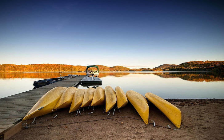 Calm shores-Scenery HD desktop wallpaper, nine brown canoes, HD wallpaper