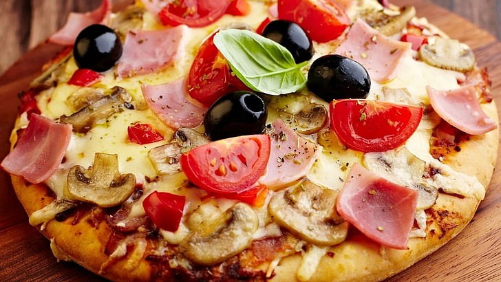 pizza, comida, platos, tomates, champiñones, Fondo de pantalla HD