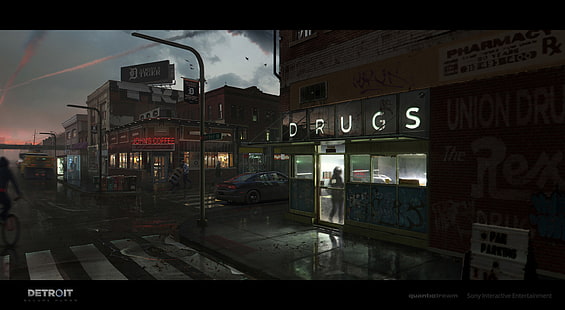 drugs signage, Antoine Boutin, Detroit become human, concept art, Video Game Art, Detroit: Become Human, video games, HD wallpaper HD wallpaper